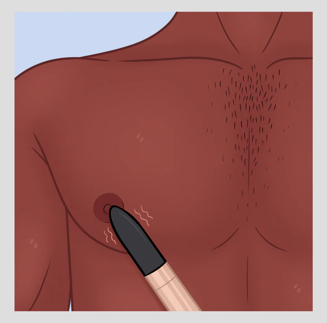 Illustration showing a male torso, he is holding a vibrator Amore bullet vibrator against his left nipple