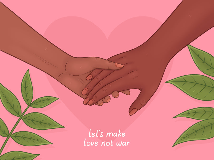 let's make love not war, two cartoon holding hands and leaves in each bottom corner